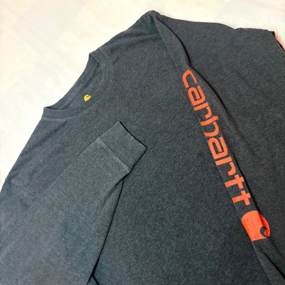 Carhartt Mens K231 Long Sleeve Graphic Logo T-Shirt Charcoal Gray Orange Large